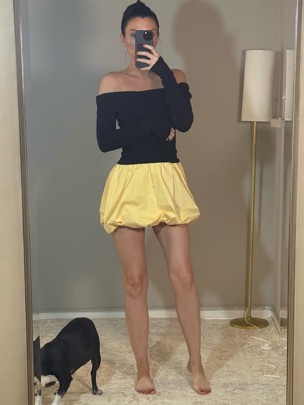 Fashion Nova Black Off-Shoulder Top with Yellow Bubble Skirt